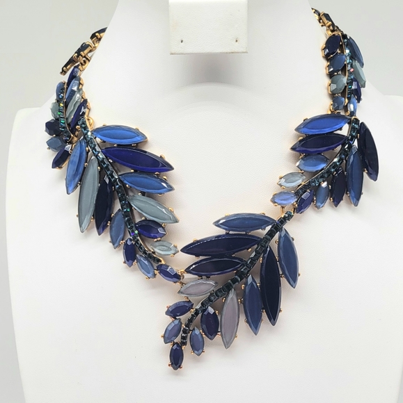 Oscar de la Renta Blue Swarovski Crystal + Glass Leaf Statement Necklace Gold - Picture 6 of 14